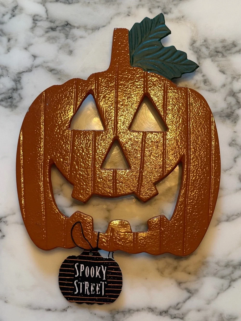 NWT Spooky Street rustic painted metal Jack O Lantern orange pumpkin trivet